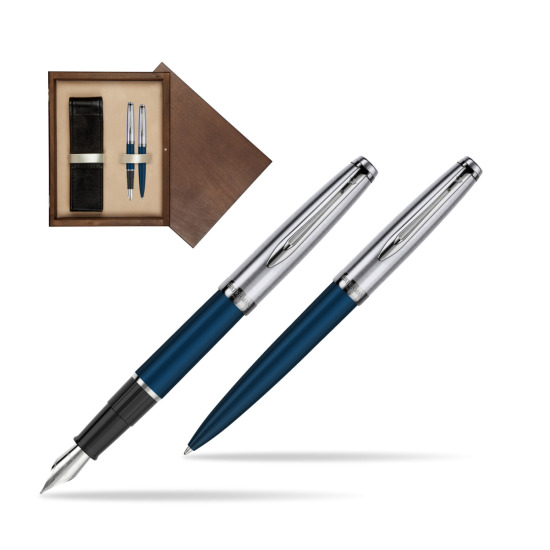 Zestaw prezentowy pióro wieczne +długopis Waterman Embleme Granatowy w pudełku drewnianym Wenge Double Ecru