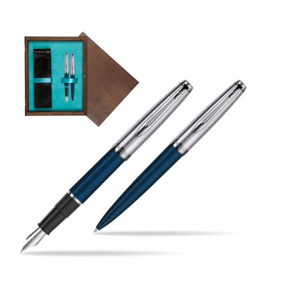 Zestaw prezentowy pióro wieczne +długopis Waterman Embleme Granatowy w pudełku drewnianym Wenge Double Turkus
