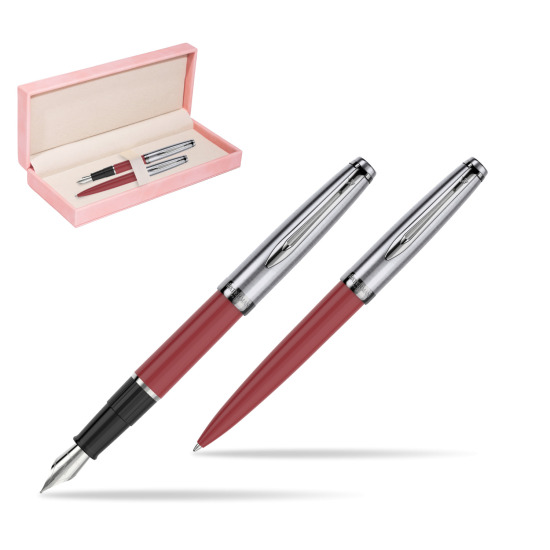 Zestaw prezentowy pióro wieczne +długopis Waterman Embleme Core Czerwony w różowym pudełku zamszowym
