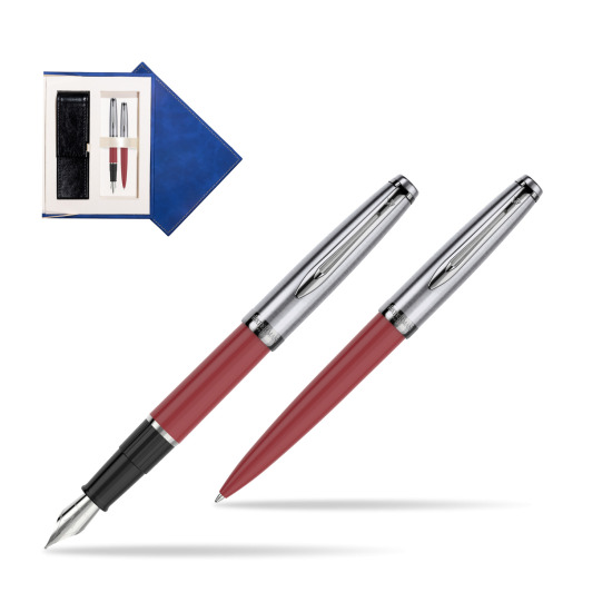Zestaw prezentowy pióro wieczne +długopis Waterman Embleme Core Czerwony w granatowym pudełku zamszowym