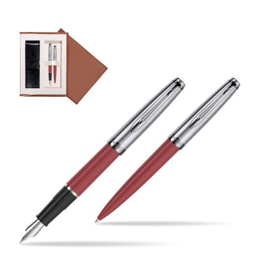Zestaw prezentowy pióro wieczne +długopis Waterman Embleme Core Czerwony w brązowym pudełku zamszowym