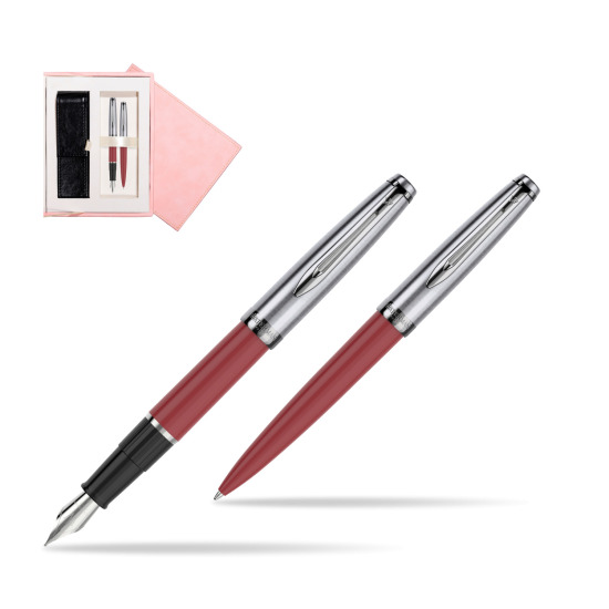 Zestaw prezentowy pióro wieczne +długopis Waterman Embleme Core Czerwony w różowym pudełku zamszowym