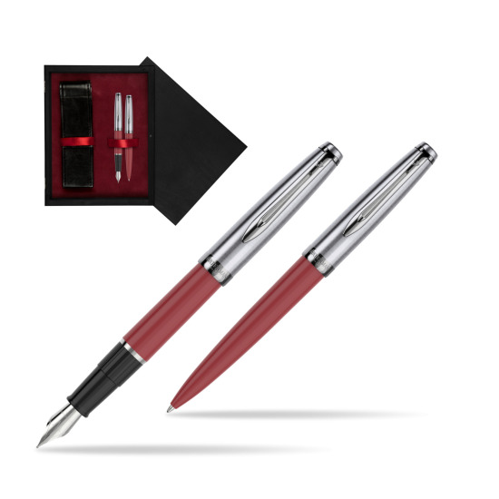 Zestaw prezentowy pióro wieczne +długopis Waterman Embleme Core Czerwony w pudełku drewnianym Czerń Double Bordo