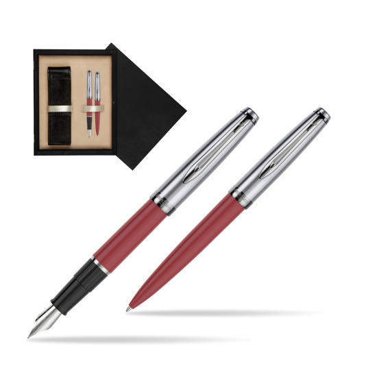 Zestaw prezentowy pióro wieczne +długopis Waterman Embleme Core Czerwony w pudełku drewnianym Czerń Double Ecru