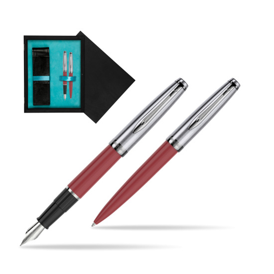 Zestaw prezentowy pióro wieczne +długopis Waterman Embleme Core Czerwony w pudełku drewnianym Czerń Double Turkus