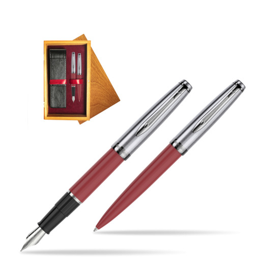 Zestaw prezentowy pióro wieczne +długopis Waterman Embleme Core Czerwony w pudełku drewnianym Honey Double Bordo
