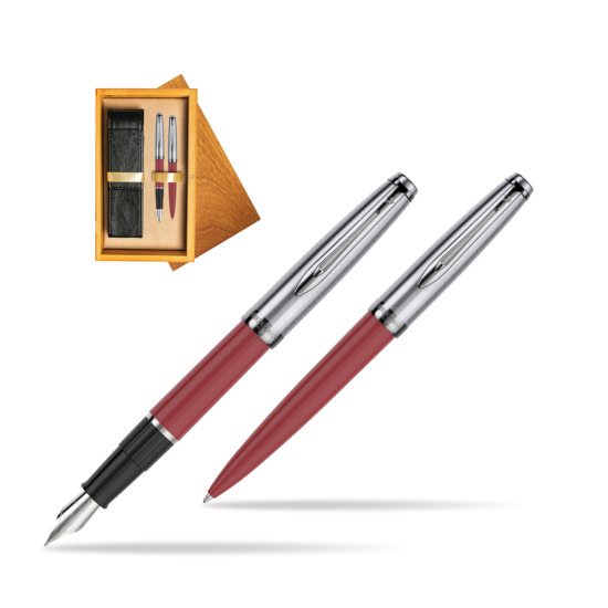 Zestaw prezentowy pióro wieczne +długopis Waterman Embleme Core Czerwony w pudełku drewnianym Honey Double Ecru