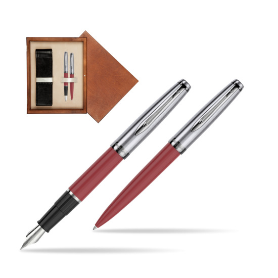 Zestaw prezentowy pióro wieczne +długopis Waterman Embleme Core Czerwony w pudełku drewnianym Mahoń Double Ecru