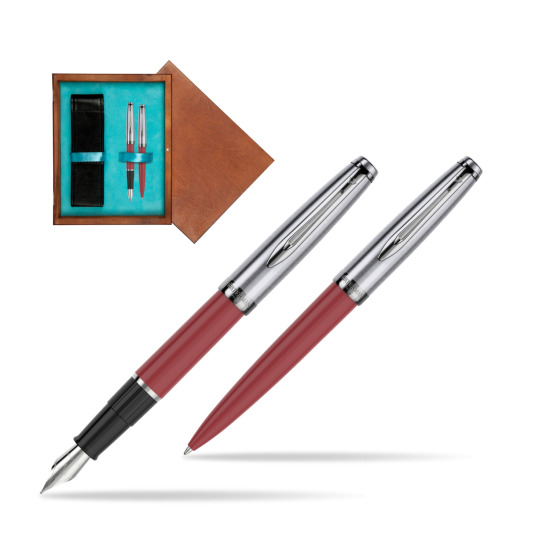 Zestaw prezentowy pióro wieczne +długopis Waterman Embleme Core Czerwony w pudełku drewnianym Mahoń Double Turkus