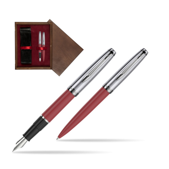 Zestaw prezentowy pióro wieczne +długopis Waterman Embleme Core Czerwony w pudełku drewnianym Wenge Double Bordo