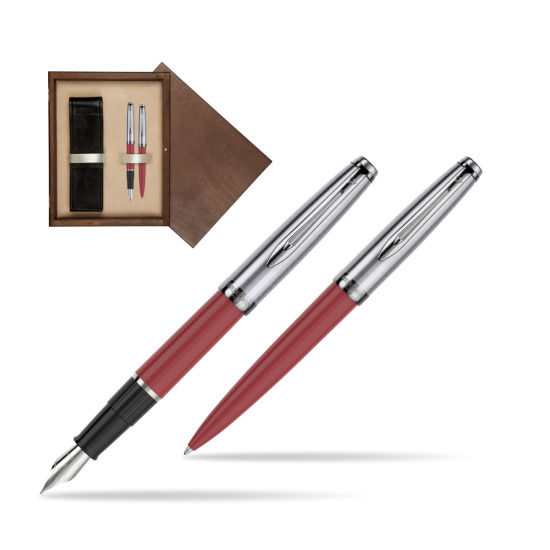 Zestaw prezentowy pióro wieczne +długopis Waterman Embleme Core Czerwony w pudełku drewnianym Wenge Double Ecru