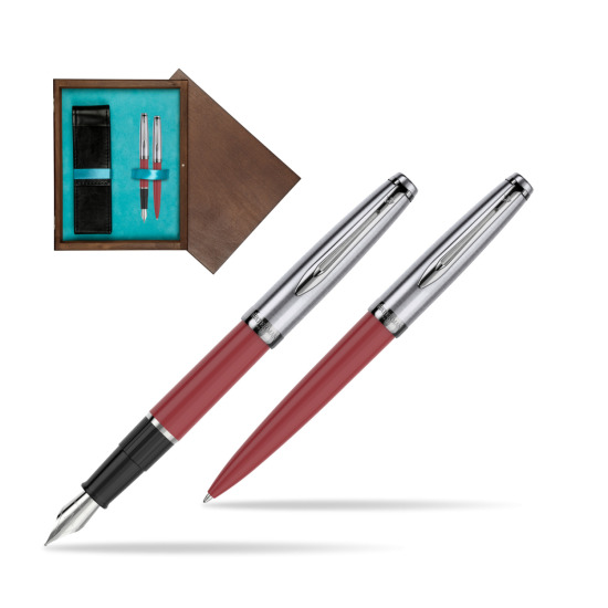 Zestaw prezentowy pióro wieczne +długopis Waterman Embleme Core Czerwony w pudełku drewnianym Wenge Double Turkus