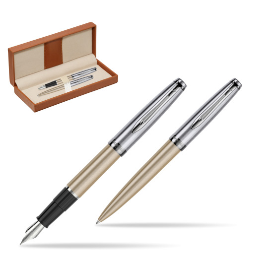 Zestaw prezentowy pióro wieczne +długopis Embleme DeLuxe Metaliczny Złoty w pudełku classic brown