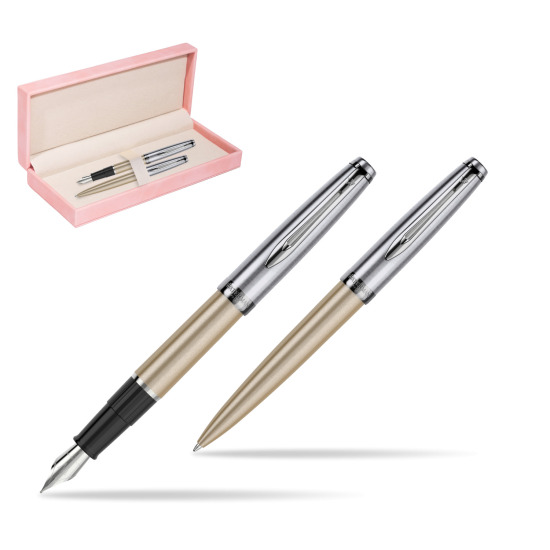 Zestaw prezentowy pióro wieczne +długopis Embleme DeLuxe Metaliczny Złoty w różowym pudełku zamszowym