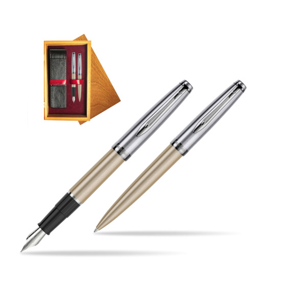 Zestaw prezentowy pióro wieczne +długopis Embleme DeLuxe Metaliczny Złoty w pudełku drewnianym Honey Double Bordo