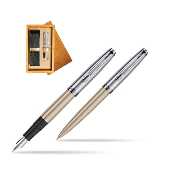 Zestaw prezentowy pióro wieczne +długopis Embleme DeLuxe Metaliczny Złoty w pudełku drewnianym Honey Double Ecru