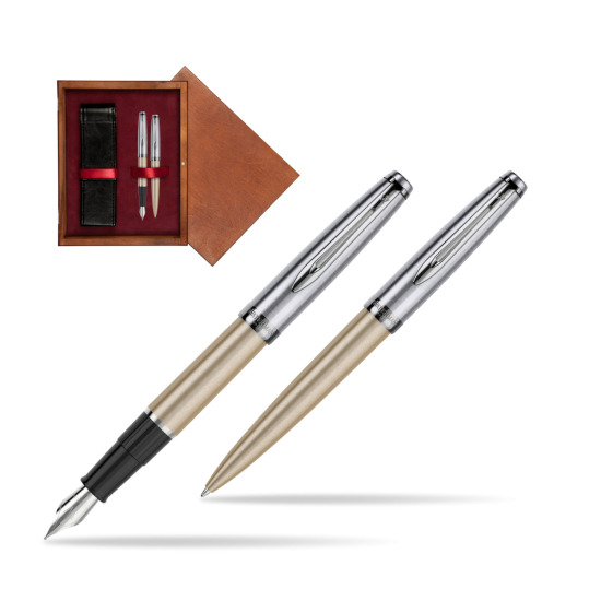 Zestaw prezentowy pióro wieczne +długopis Embleme DeLuxe Metaliczny Złoty w pudełku drewnianym Mahoń Double Bordo
