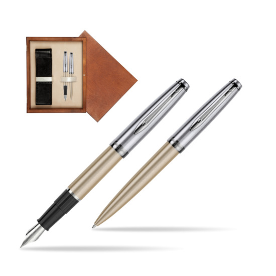 Zestaw prezentowy pióro wieczne +długopis Embleme DeLuxe Metaliczny Złoty w pudełku drewnianym Mahoń Double Ecru