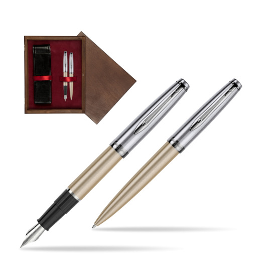Zestaw prezentowy pióro wieczne +długopis Embleme DeLuxe Metaliczny Złoty w pudełku drewnianym Wenge Double Bordo