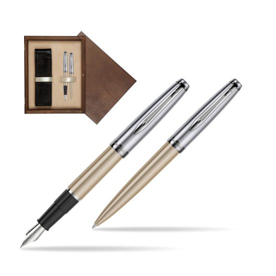 Zestaw prezentowy pióro wieczne +długopis Embleme DeLuxe Metaliczny Złoty w pudełku drewnianym Wenge Double Ecru