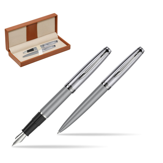 Zestaw prezentowy pióro wieczne +długopis Waterman Embleme DeLuxe Metaliczny Szary w pudełku classic brown