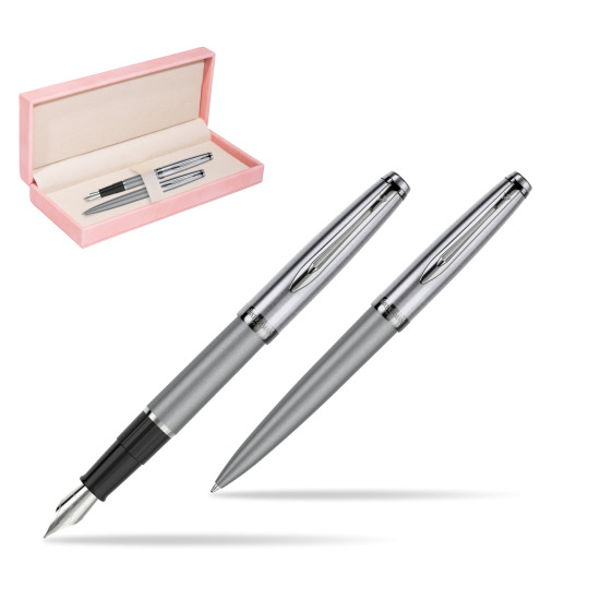 Zestaw prezentowy pióro wieczne +długopis Waterman Embleme DeLuxe Metaliczny Szary w różowym pudełku zamszowym