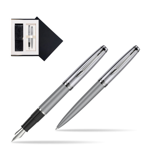 Zestaw prezentowy pióro wieczne +długopis Waterman Embleme DeLuxe Metaliczny Szary w czarnym pudełku zamszowym
