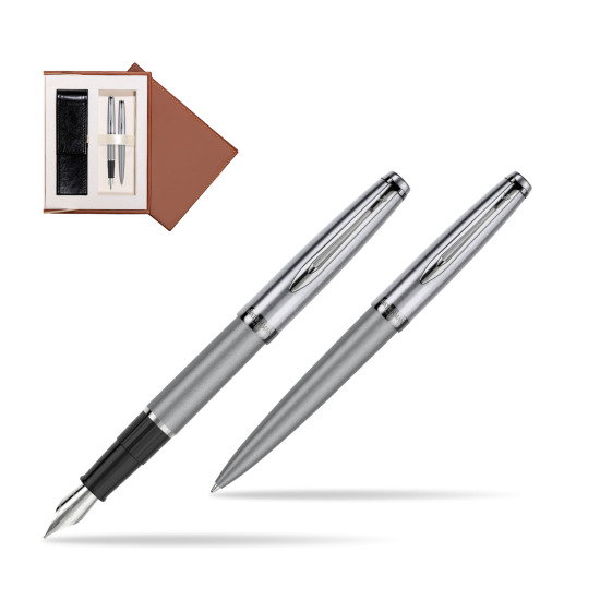 Zestaw prezentowy pióro wieczne +długopis Waterman Embleme DeLuxe Metaliczny Szary w brązowym pudełku zamszowym