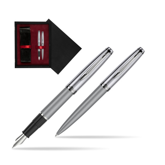 Zestaw prezentowy pióro wieczne +długopis Waterman Embleme DeLuxe Metaliczny Szary w pudełku drewnianym Czerń Double Bordo