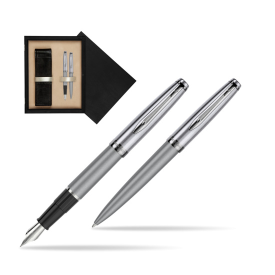Zestaw prezentowy pióro wieczne +długopis Waterman Embleme DeLuxe Metaliczny Szary w pudełku drewnianym Czerń Double Ecru