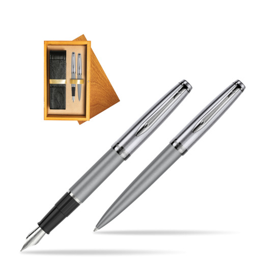 Zestaw prezentowy pióro wieczne +długopis Waterman Embleme DeLuxe Metaliczny Szary w pudełku drewnianym Honey Double Ecru