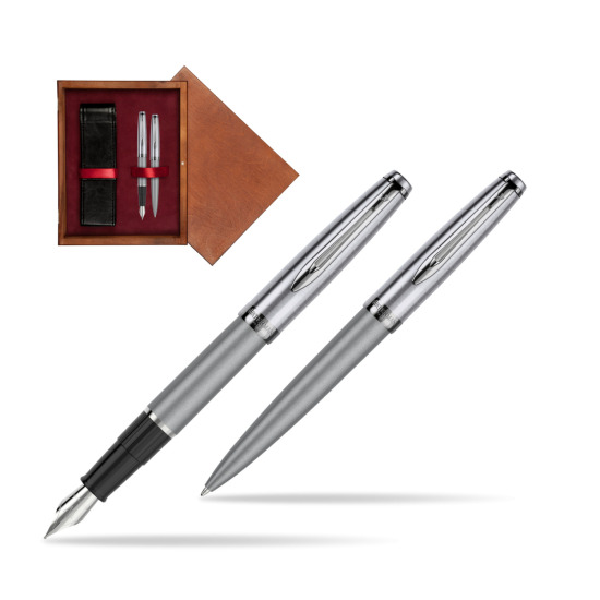 Zestaw prezentowy pióro wieczne +długopis Waterman Embleme DeLuxe Metaliczny Szary w pudełku drewnianym Mahoń Double Bordo