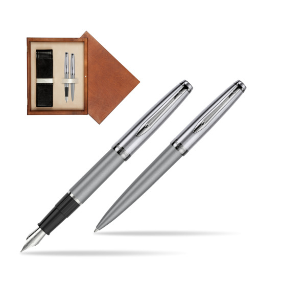Zestaw prezentowy pióro wieczne +długopis Waterman Embleme DeLuxe Metaliczny Szary w pudełku drewnianym Mahoń Double Ecru