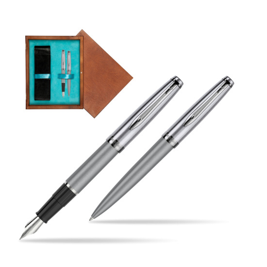 Zestaw prezentowy pióro wieczne +długopis Waterman Embleme DeLuxe Metaliczny Szary w pudełku drewnianym Mahoń Double Turkus