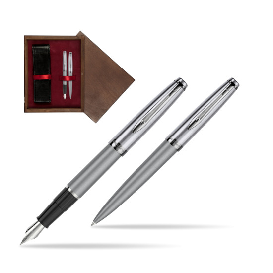 Zestaw prezentowy pióro wieczne +długopis Waterman Embleme DeLuxe Metaliczny Szary w pudełku drewnianym Wenge Double Bordo