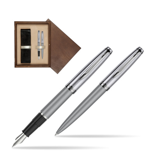 Zestaw prezentowy pióro wieczne +długopis Waterman Embleme DeLuxe Metaliczny Szary w pudełku drewnianym Wenge Double Ecru