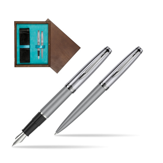 Zestaw prezentowy pióro wieczne +długopis Waterman Embleme DeLuxe Metaliczny Szary w pudełku drewnianym Wenge Double Turkus