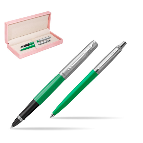 Zestaw Prezentowy Parker Pióro Kulkowe + Długopis Jotter Originals Zielony w różowym pudełku zamszowym