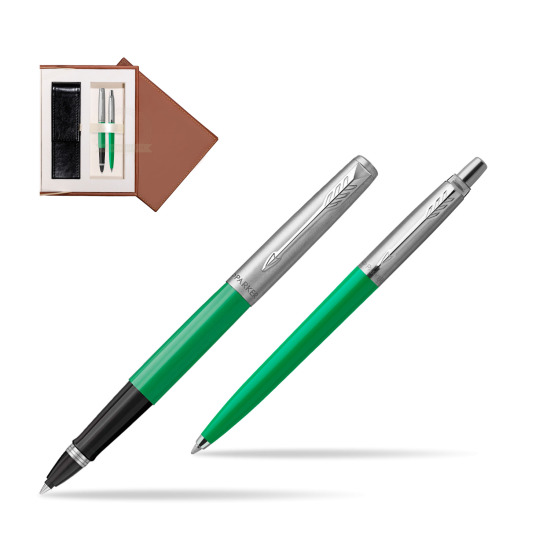 Zestaw Prezentowy Parker Pióro Kulkowe + Długopis Jotter Originals Zielony w brązowym pudełku zamszowym