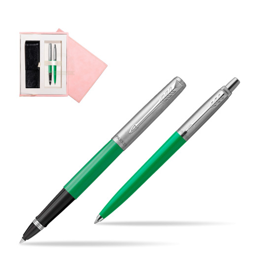 Zestaw Prezentowy Parker Pióro Kulkowe + Długopis Jotter Originals Zielony w różowym pudełku zamszowym