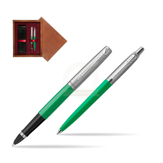 Zestaw Prezentowy Parker Pióro Kulkowe + Długopis Jotter Originals Zielony w pudełku drewnianym Mahoń Double Bordo