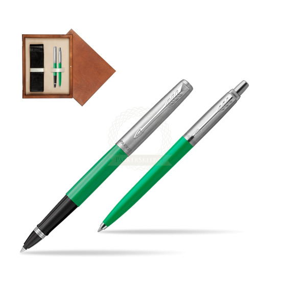 Zestaw Prezentowy Parker Pióro Kulkowe + Długopis Jotter Originals Zielony w pudełku drewnianym Mahoń Double Ecru