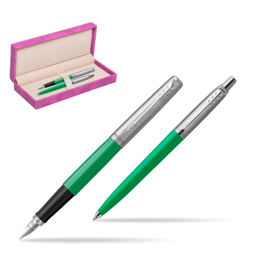 Zestaw Prezentowy Parker Pióro Wieczne + Długopis Jotter Originals Zielony w pudełku zamszowym fuksja