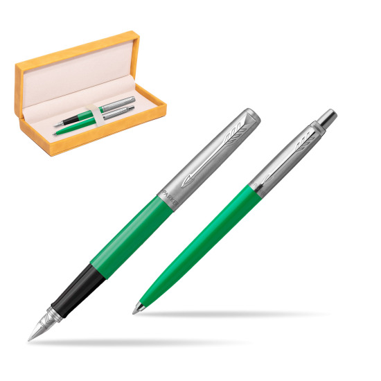 Zestaw Prezentowy Parker Pióro Wieczne + Długopis Jotter Originals Zielony w żółtym pudełku zamszowym