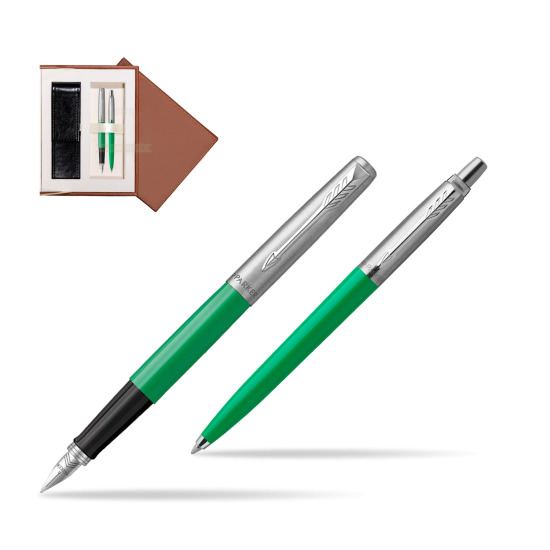 Zestaw Prezentowy Parker Pióro Wieczne + Długopis Jotter Originals Zielony w brązowym pudełku zamszowym