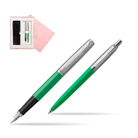 Zestaw Prezentowy Parker Pióro Wieczne + Długopis Jotter Originals Zielony w różowym pudełku zamszowym