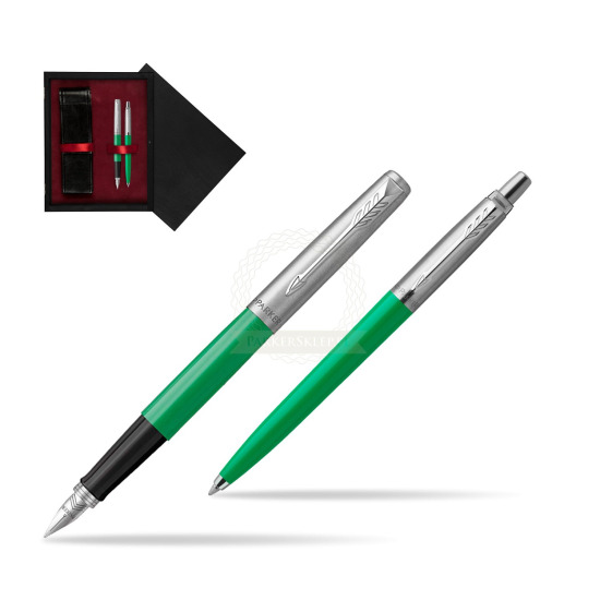 Zestaw Prezentowy Parker Pióro Wieczne + Długopis Jotter Originals Zielony w pudełku drewnianym Czerń Double Bordo