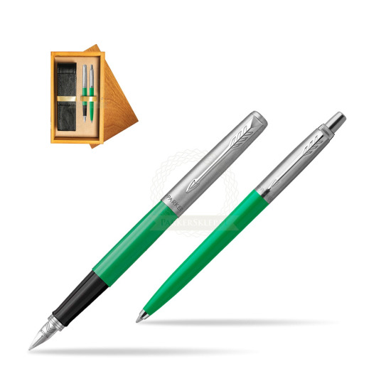 Zestaw Prezentowy Parker Pióro Wieczne + Długopis Jotter Originals Zielony w pudełku drewnianym Honey Double Ecru