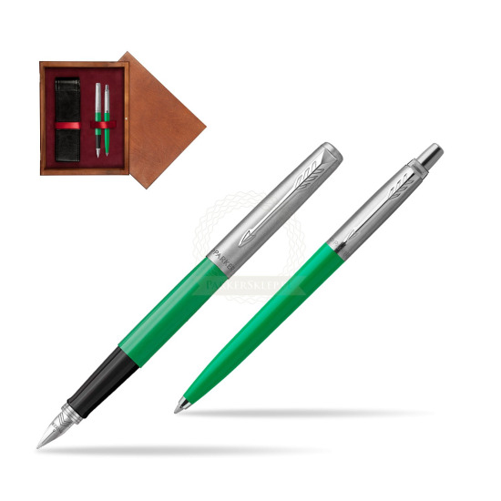 Zestaw Prezentowy Parker Pióro Wieczne + Długopis Jotter Originals Zielony w pudełku drewnianym Mahoń Double Bordo