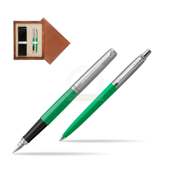 Zestaw Prezentowy Parker Pióro Wieczne + Długopis Jotter Originals Zielony w pudełku drewnianym Mahoń Double Ecru